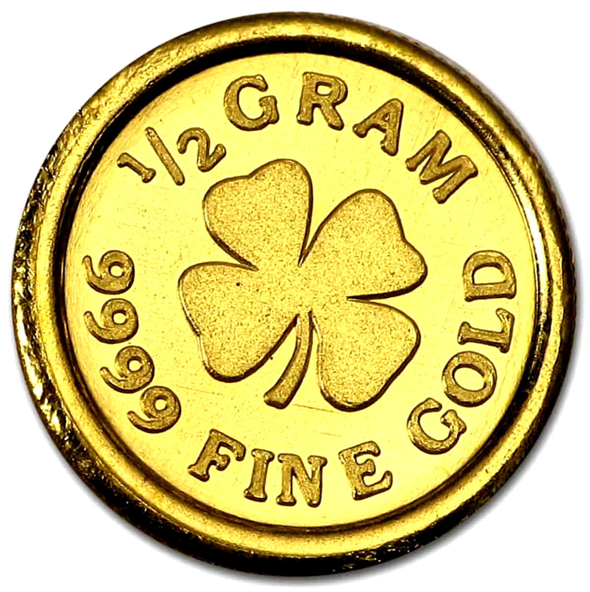 1/2 GRAM MONARCH LUCKY FOUR LEAF CLOVER .9999 GOLD ROUND IN SEALED CAPSULE BU