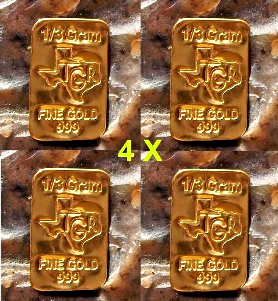 (4X) GOLD 1/3 GRAM 24K PURE TGR BULLION BAR 999 CERTIFIED INGOTS FREE 2DAY SHIP
