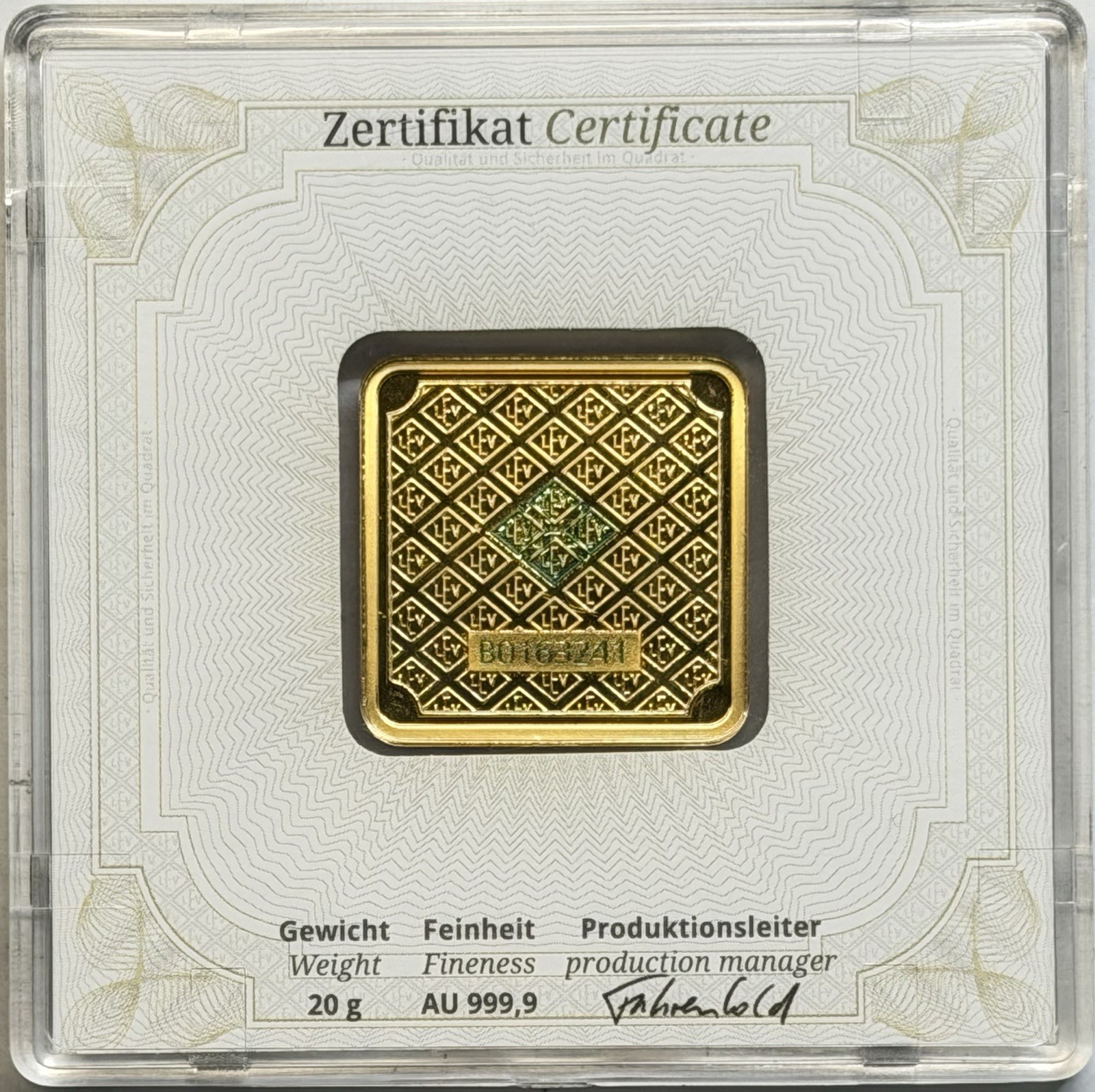 Geiger Edelmetalle 20 Gram Gold Bar .9999 in Assay