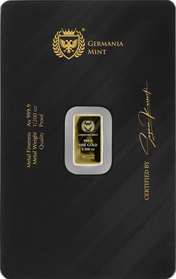 Germania Mint 1/200 oz Gold Bar Proof .9999 Fine Gold In Assay Card 🔥👸⚔️