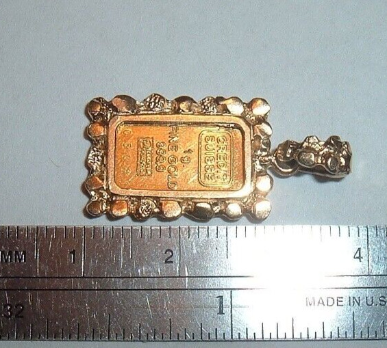 24K GOLD Credit Suisse 999.9 FINE INGOT BAR 14K NUGGET BEZEL PENDANT CHAIN 3.4g