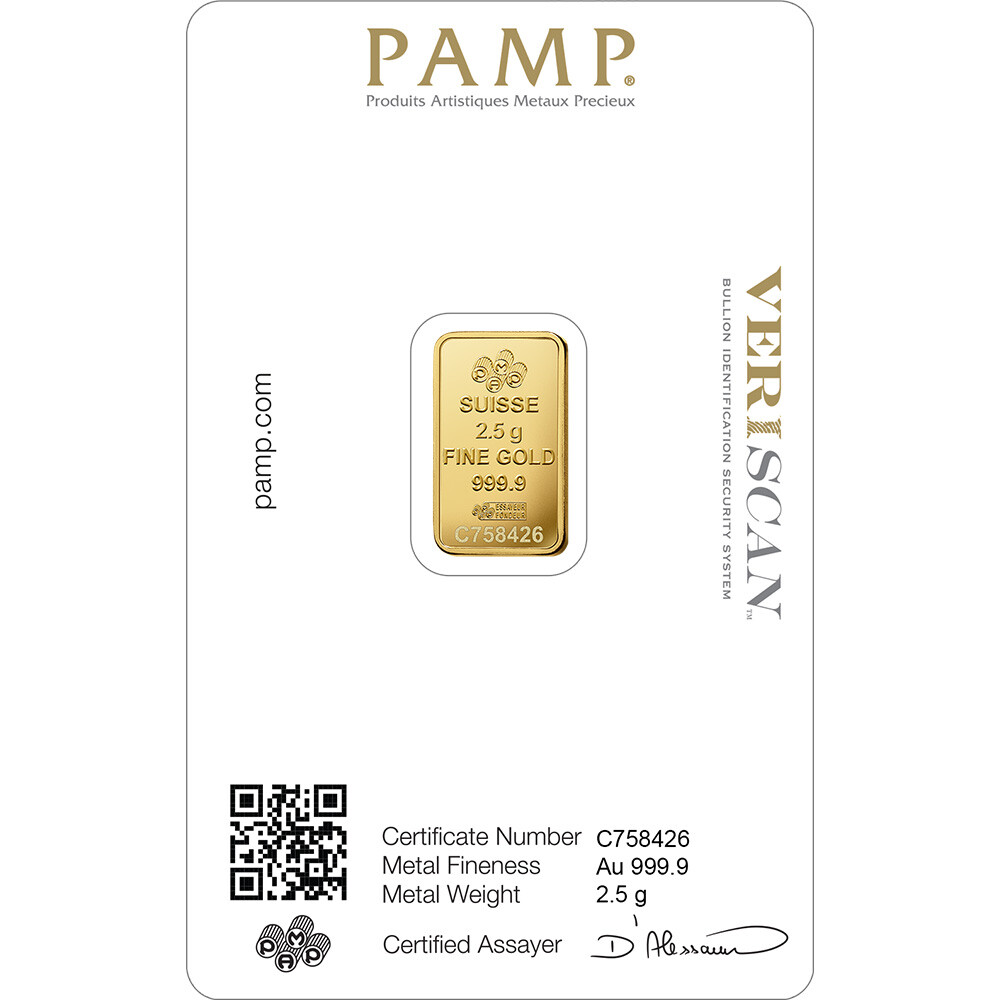 2.5 gram Gold Bar – PAMP Suisse – Fortuna – 999.9 Fine Box of 25