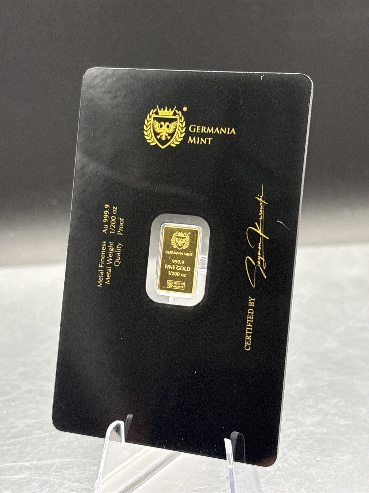 Germania Mint 1/200oz Gold Lady Germania Proof Bar W/ Safepack Assay Card