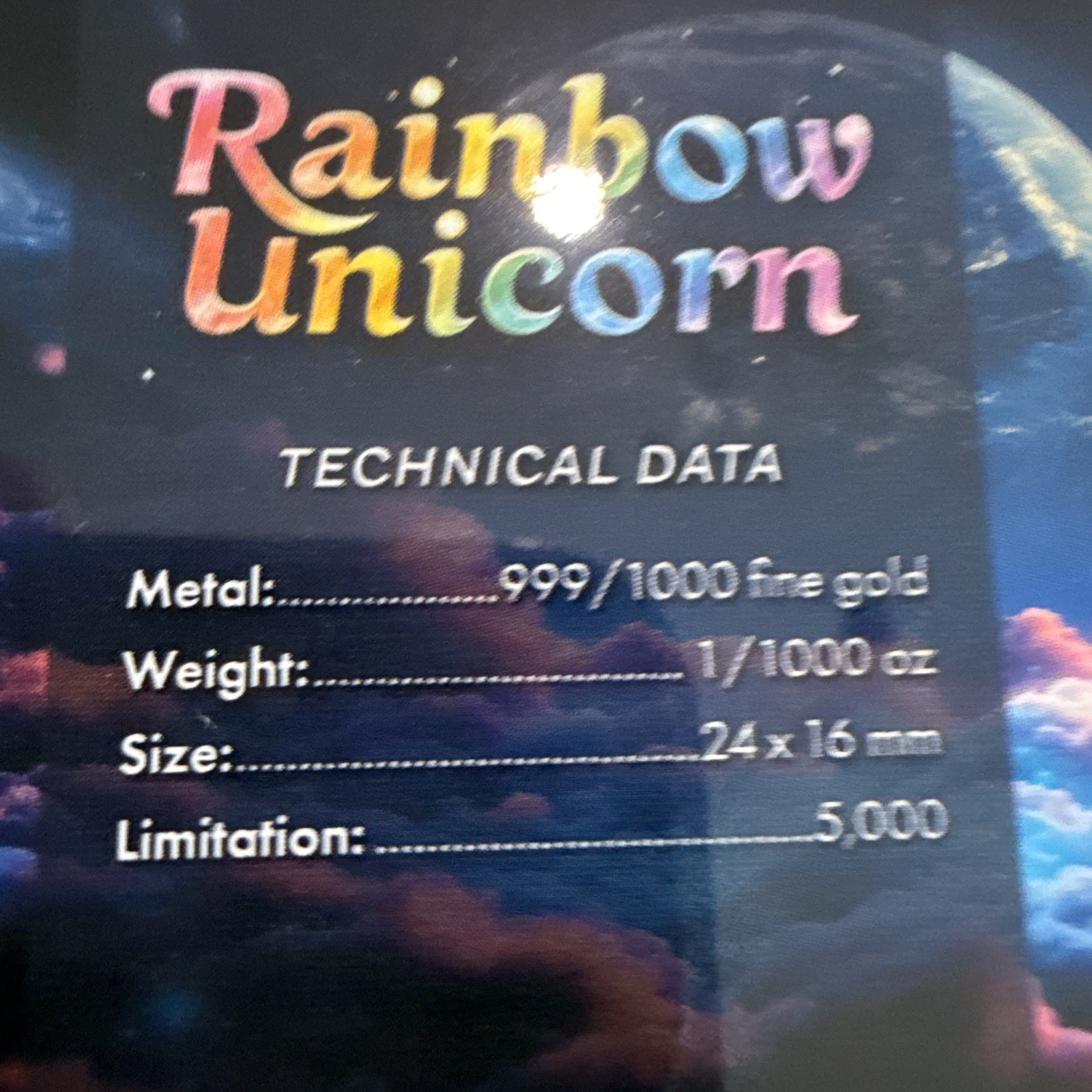 Rogues Island Mint Rainbow Unicorn 1/1000 oz Gold in Card Mintage 5,000 limited