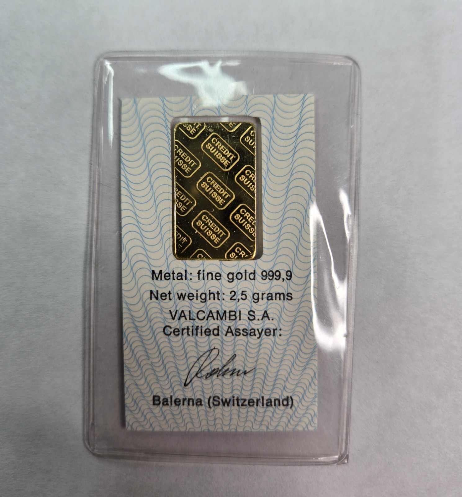Credit Suisse Zurich 2.5g Fine Gold 999.9 Assay Certificate