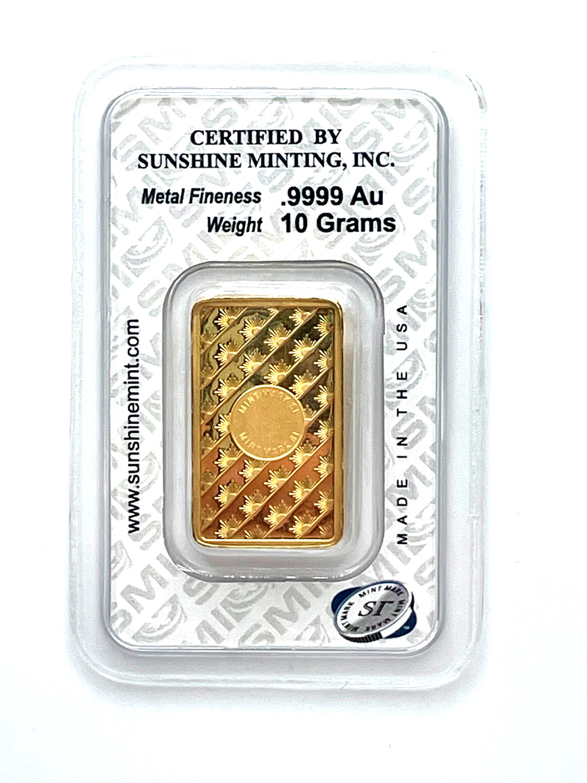 10 Gram Sunshine Mint .9999 Fine Gold Bar In Assay Mint Mark SI