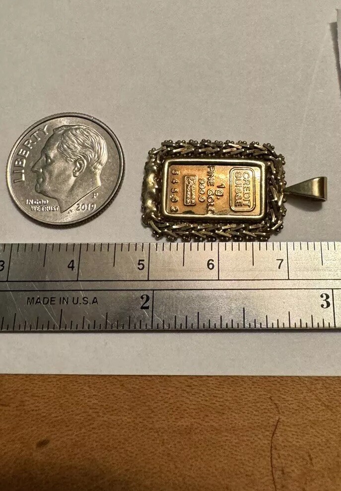 1 GRAM CREDIT SUISSE 999.9 GOLD BAR & 10K STAMPED MEXICO BEZEL PENDANT 3.2 GRAM