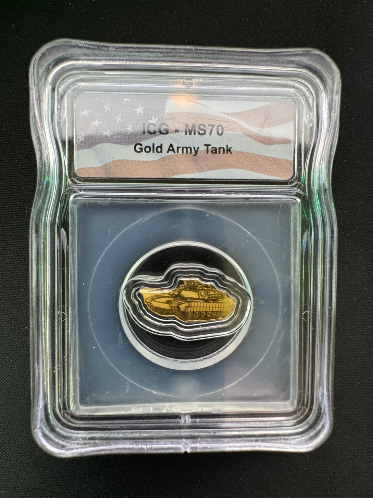 1/1000 oz .999 GOLD Army Tank Shaped Bar ICG MS70 Perfect Grade Low Mintage