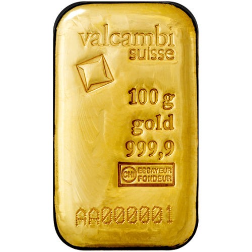 100 Gram Valcambi Cast Gold Bar (New w/ Assay)