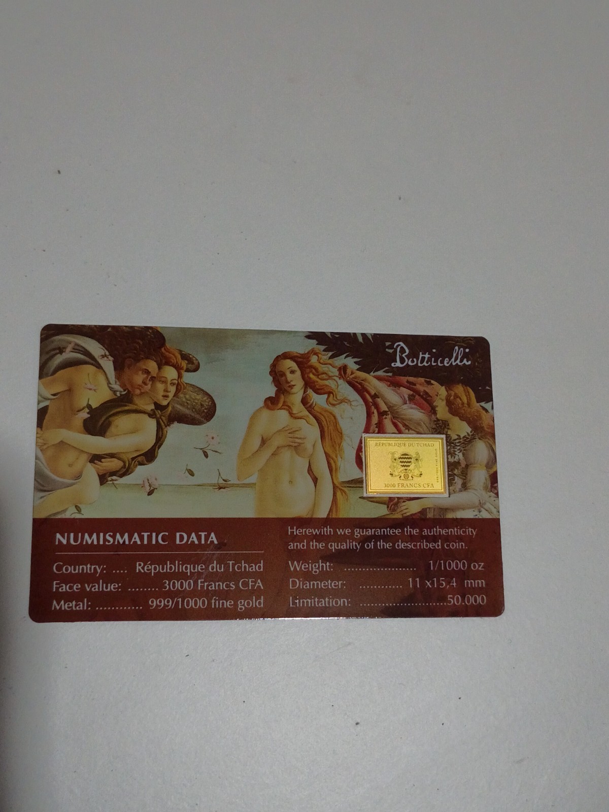 Chad BIRTH OF VENUS Botticelli 1/1000 Oz .999 Gold Coin in card 2023 50k Mintage