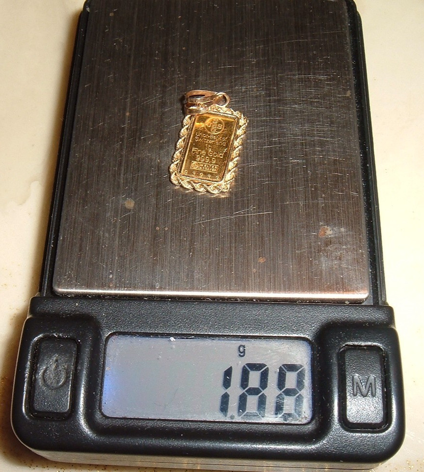 24K GOLD 999.9 FINE INGOT BAR BANK OF SWITZERLAND 14K ROPE BEZEL PENDANT 1.88g