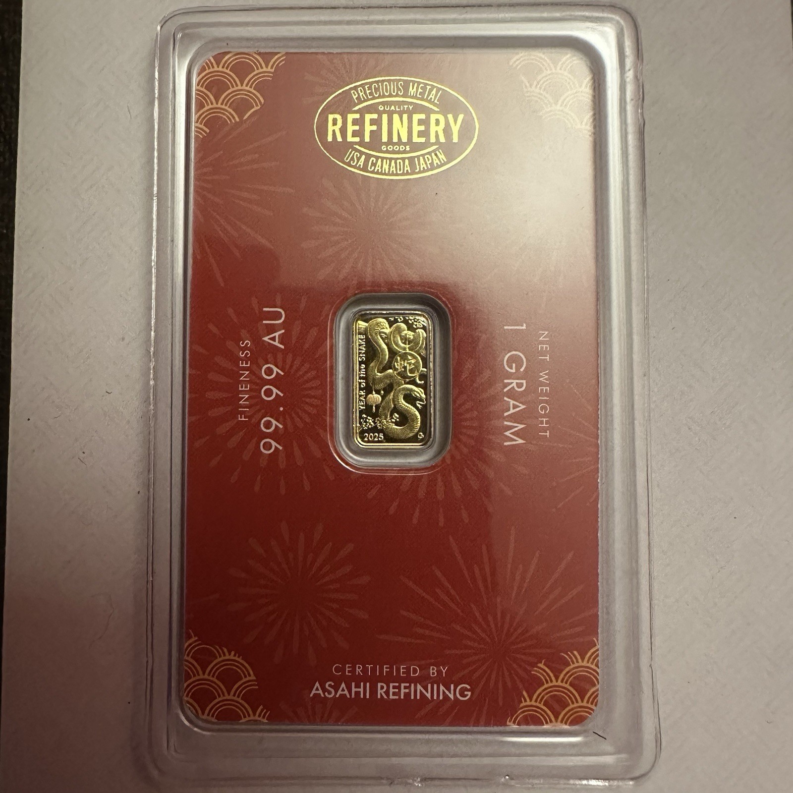 2025 Asahi 1g Gram Gold Lunar Year of the Snake Bar in Assay .9999 Fine