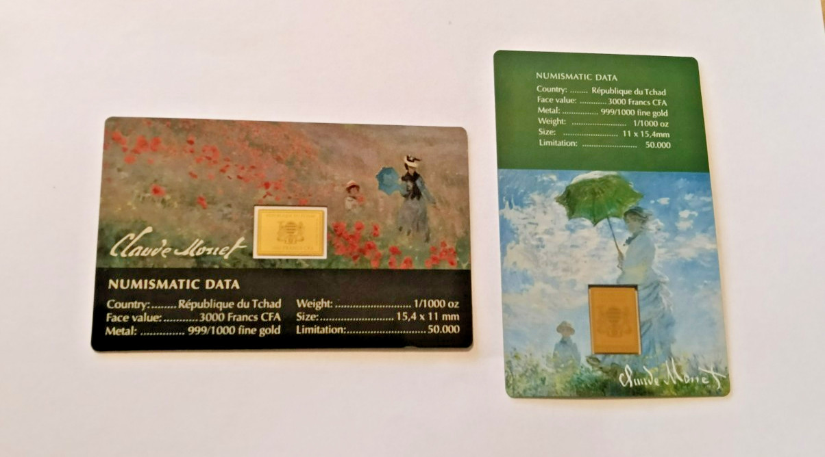 2 x 1/1000th oz pure gold more for your Monet! Poppy Field & Lady with Parasol