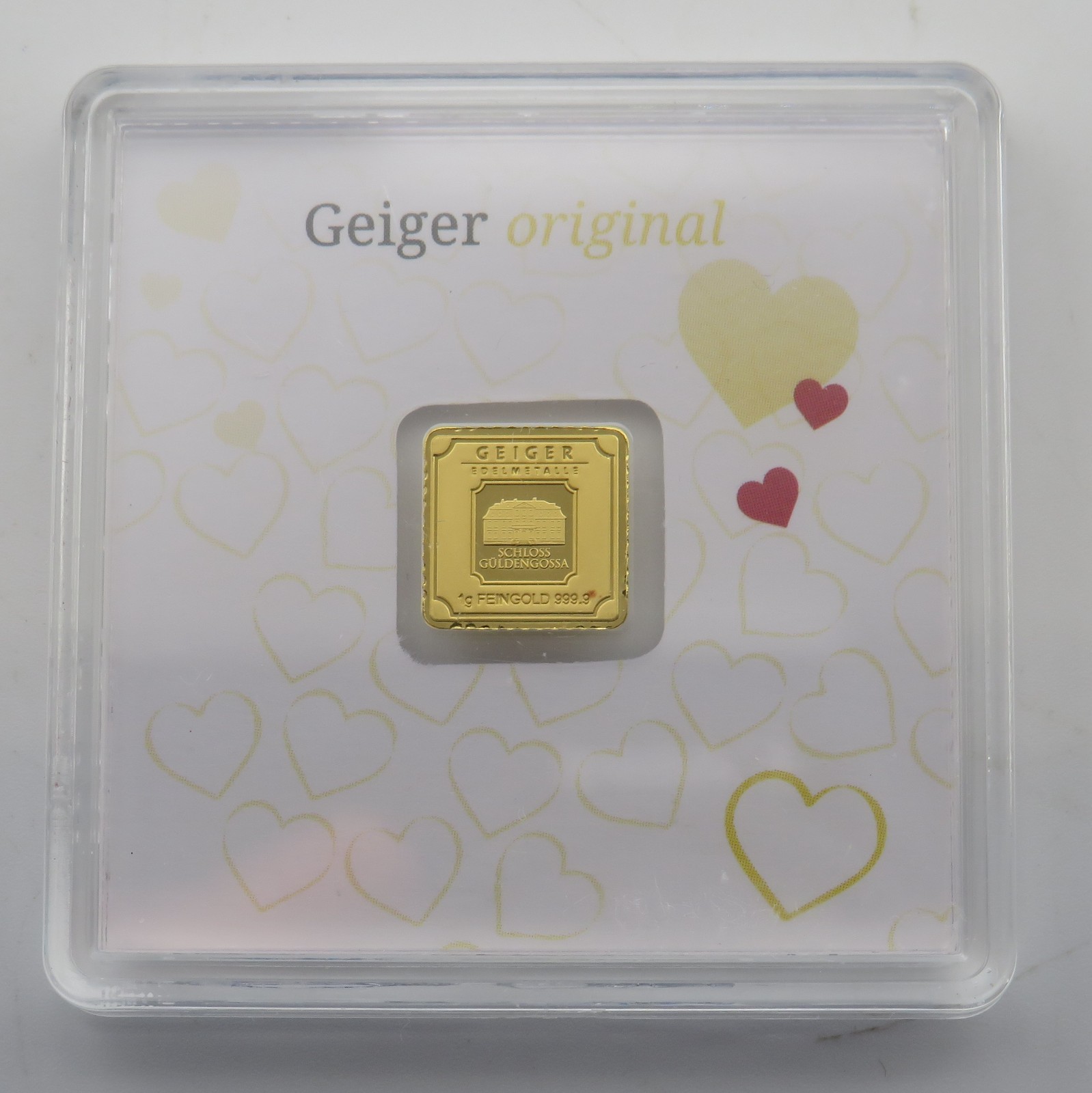 1 Gram 24K Gold Geiger Hearts 999.9 Certified Assay Square Bar C0090663