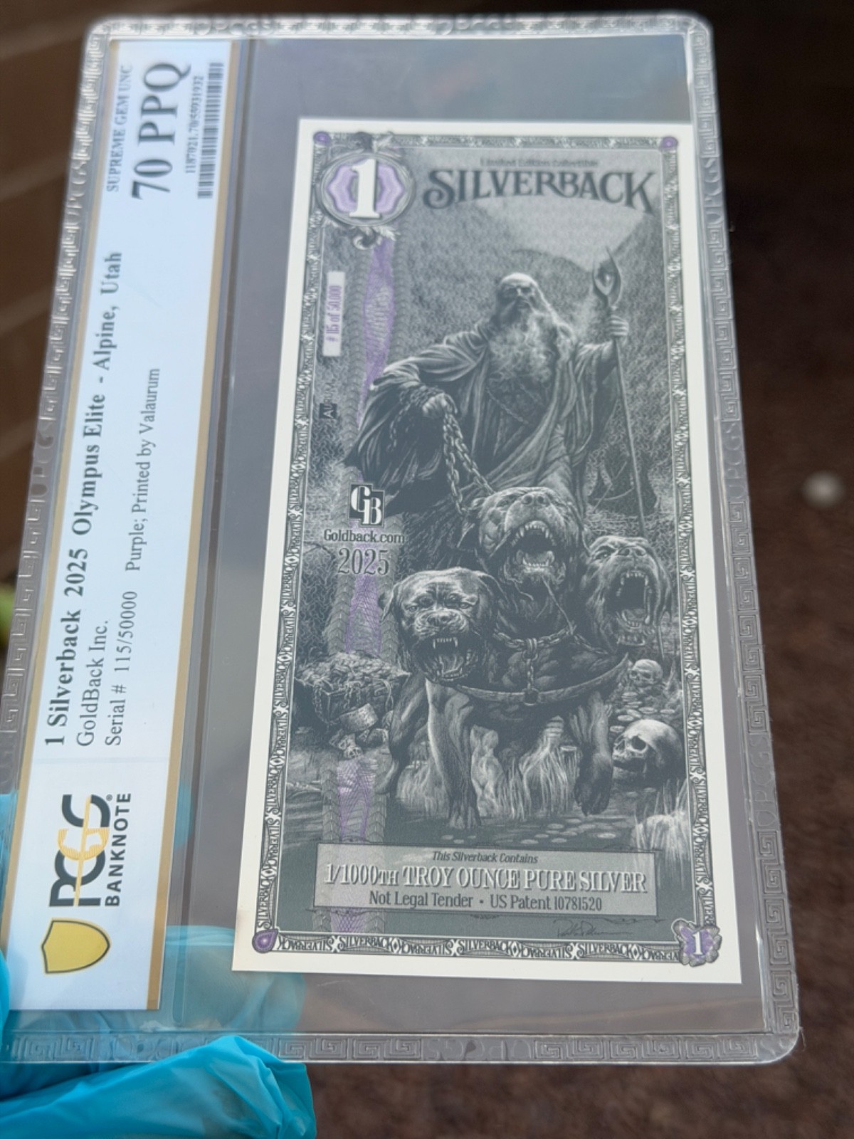 PCGS Silverback Hades Olympus, .999 PURE Silver 1/1000 Troy oz., Purple GEM #115