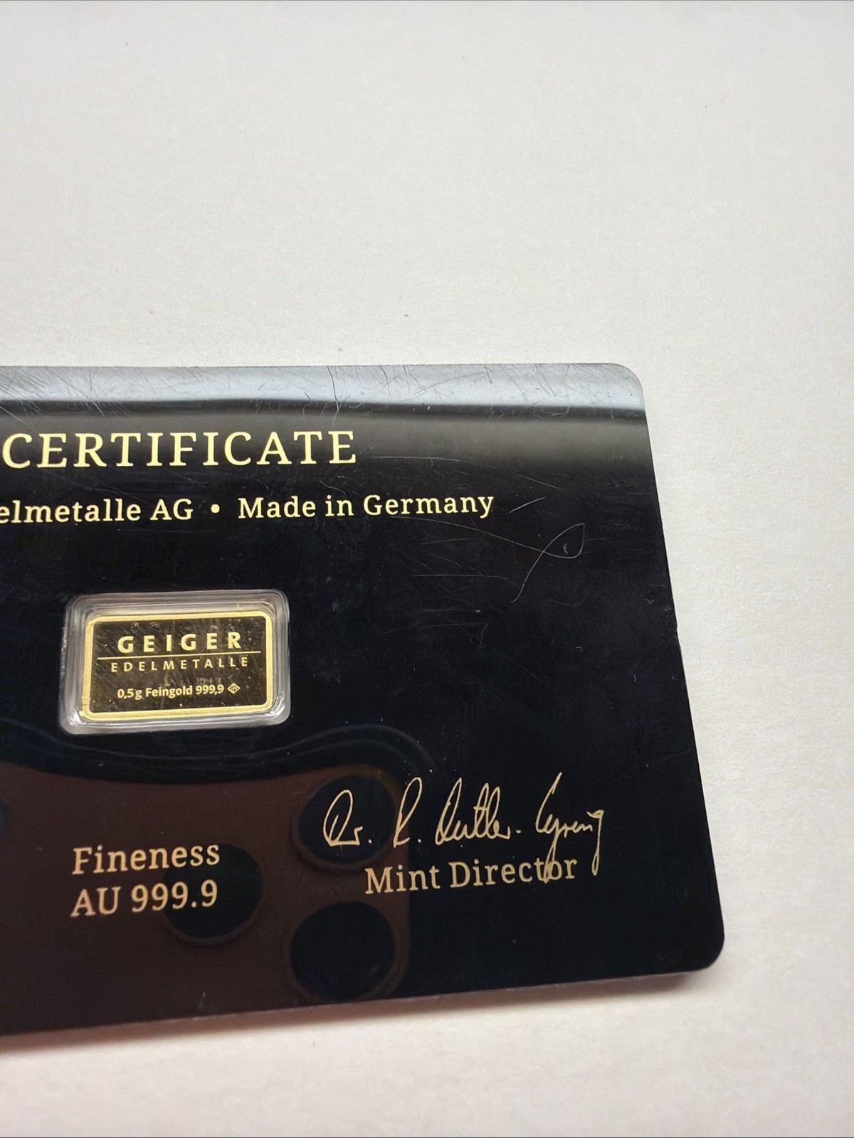Geiger Schloss Guldengossa Vintage Edition Carded Gold Bar .5 Gram .999 Fine