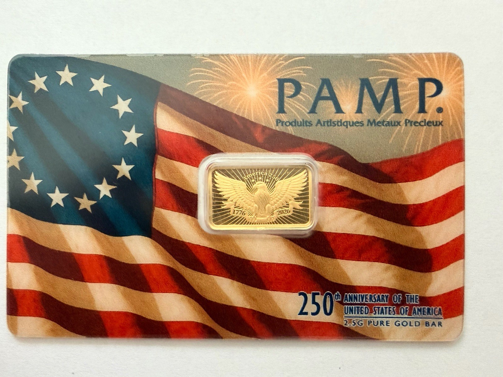 1776-2026 PAMP Suisse 2.5g .9999 Fine Gold Bar USA Flag 250th Anniv Assay Card