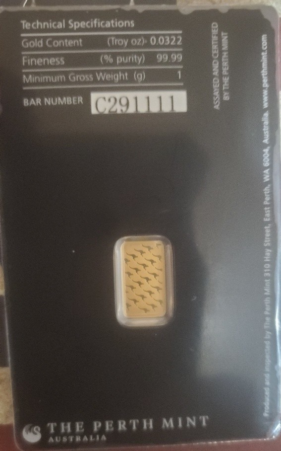 1 Gram The Perth Mint Australia Gold Bars Seq Lot of 5, 999.9 Fine in Assay
