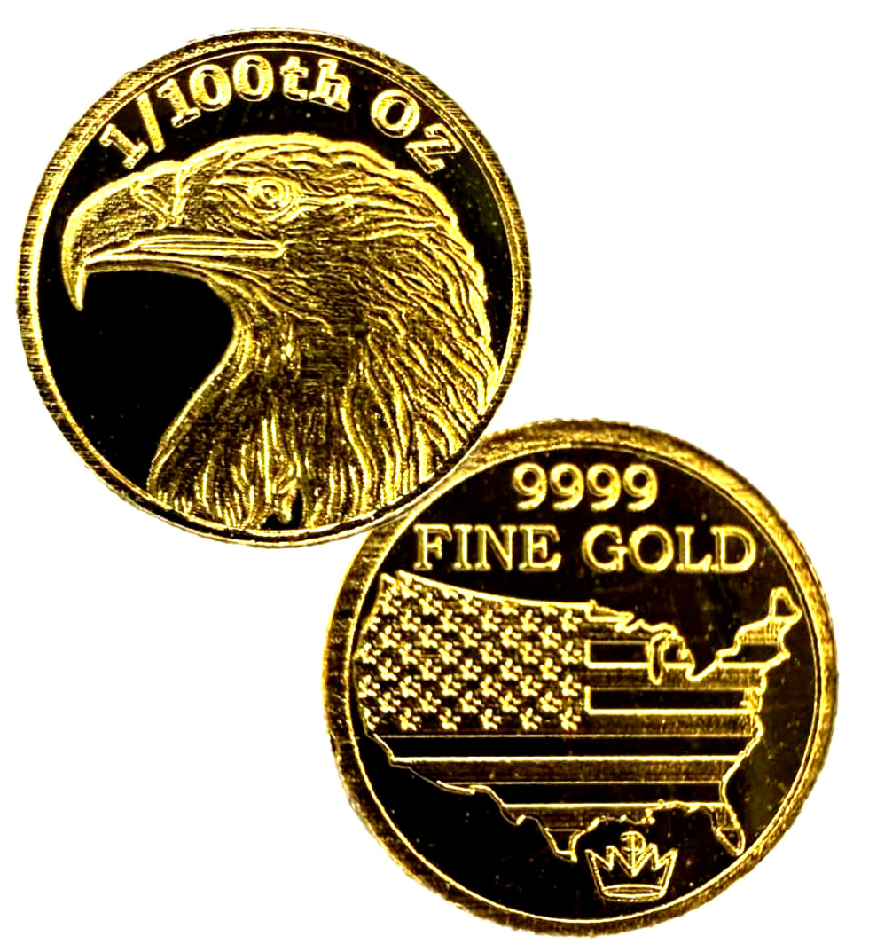 1/100 OZ MONARCH AMERICAN BALD EAGLE .9999 FINE GOLD ROUND IN SEALED CAPSULE BU