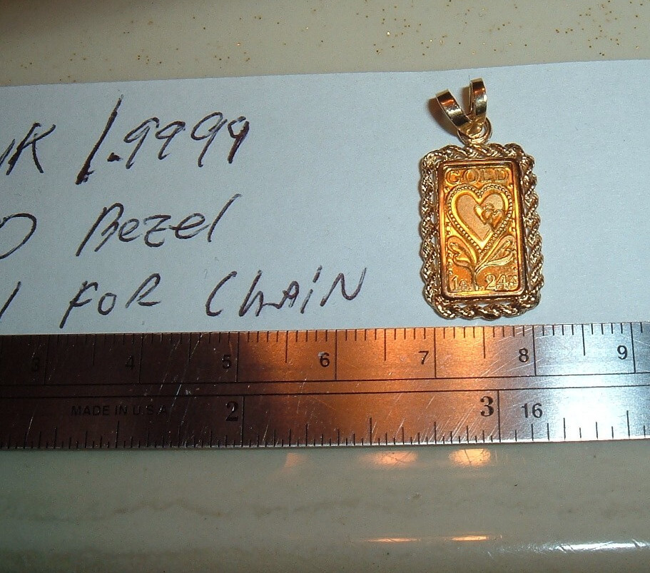 1 GRAM 24K .9999 FINE GOLD HEART BAR 14 KT ROPE BEZEL 4MM BAIL PENDANT 2.29g