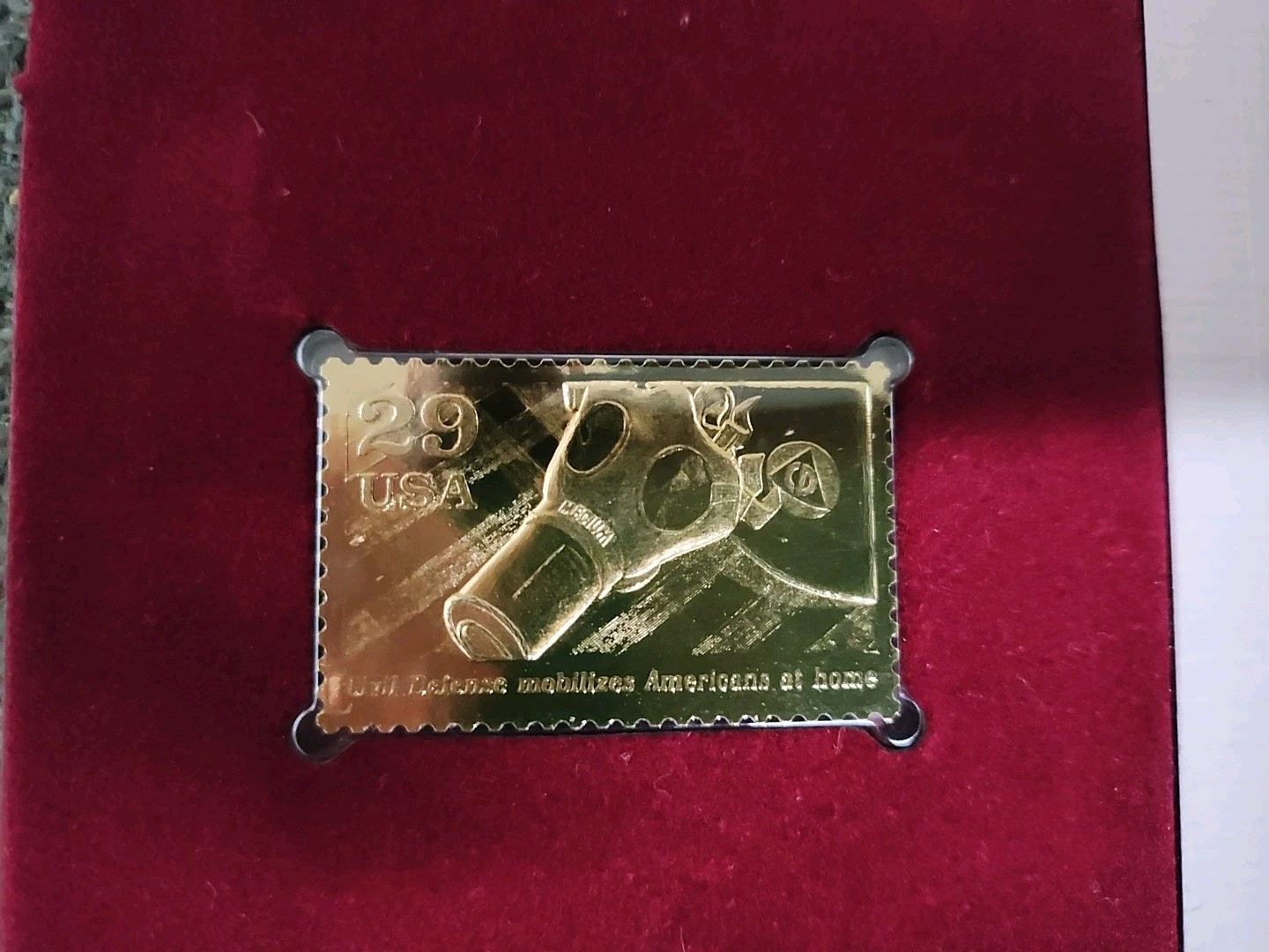 CIVIL DEFENSE GAS MASK WORLD WAR II 22KT GOLD STAMP COMMEMORATIVE STAMP