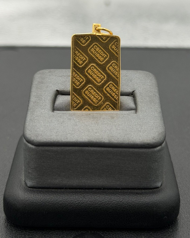 Vintage Credit Suisse 10gm .9999 Gold Bar in 14kt Yellow Gold Pendant 4mm Bale