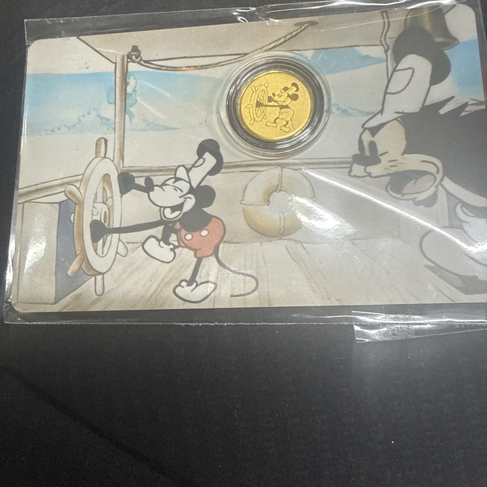 Steamboat Willie Mickey Mouse Gold 1/1000 oz 999 Fine Round in Card –