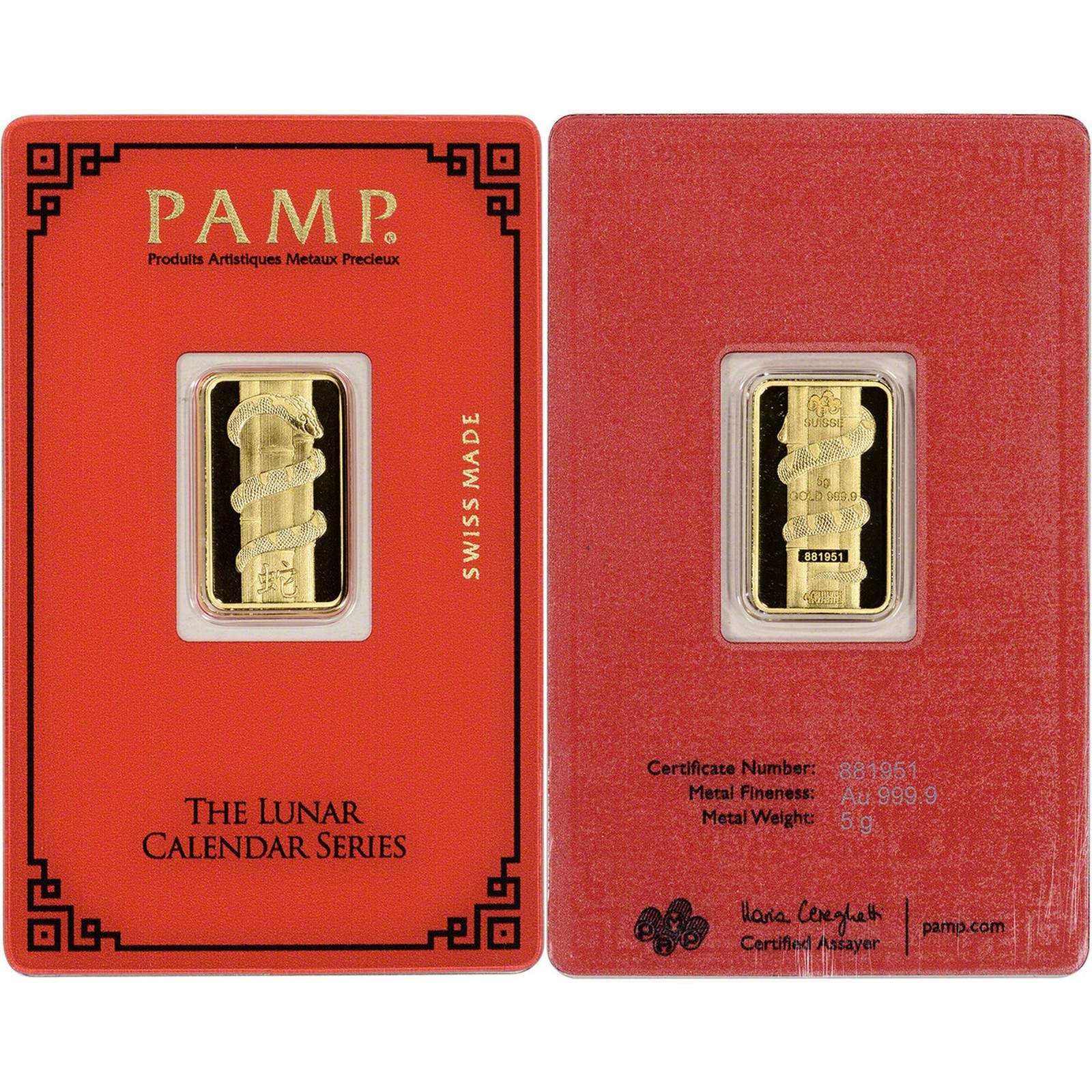PAMP Suisse 5g Gold Year of the Snake – The Lunar Calendar Series. New in Assay
