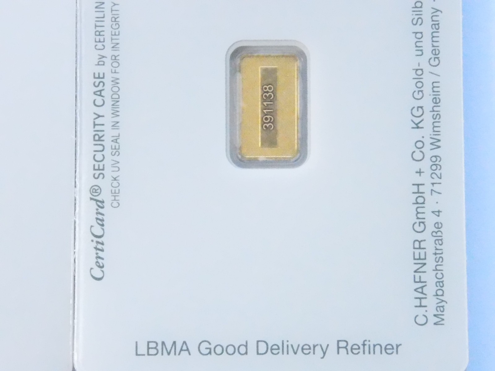 Gold Bar 2 Grams 999.9 C. HAFNER in Blister Card with Certificate 2g Gold