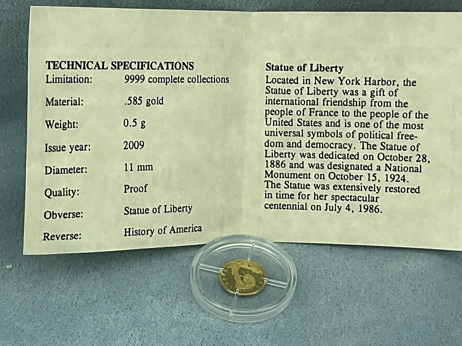 American Mint 0.5 Gram 14K Gold Proof Round Symbols of Freedom-Statue of Liberty