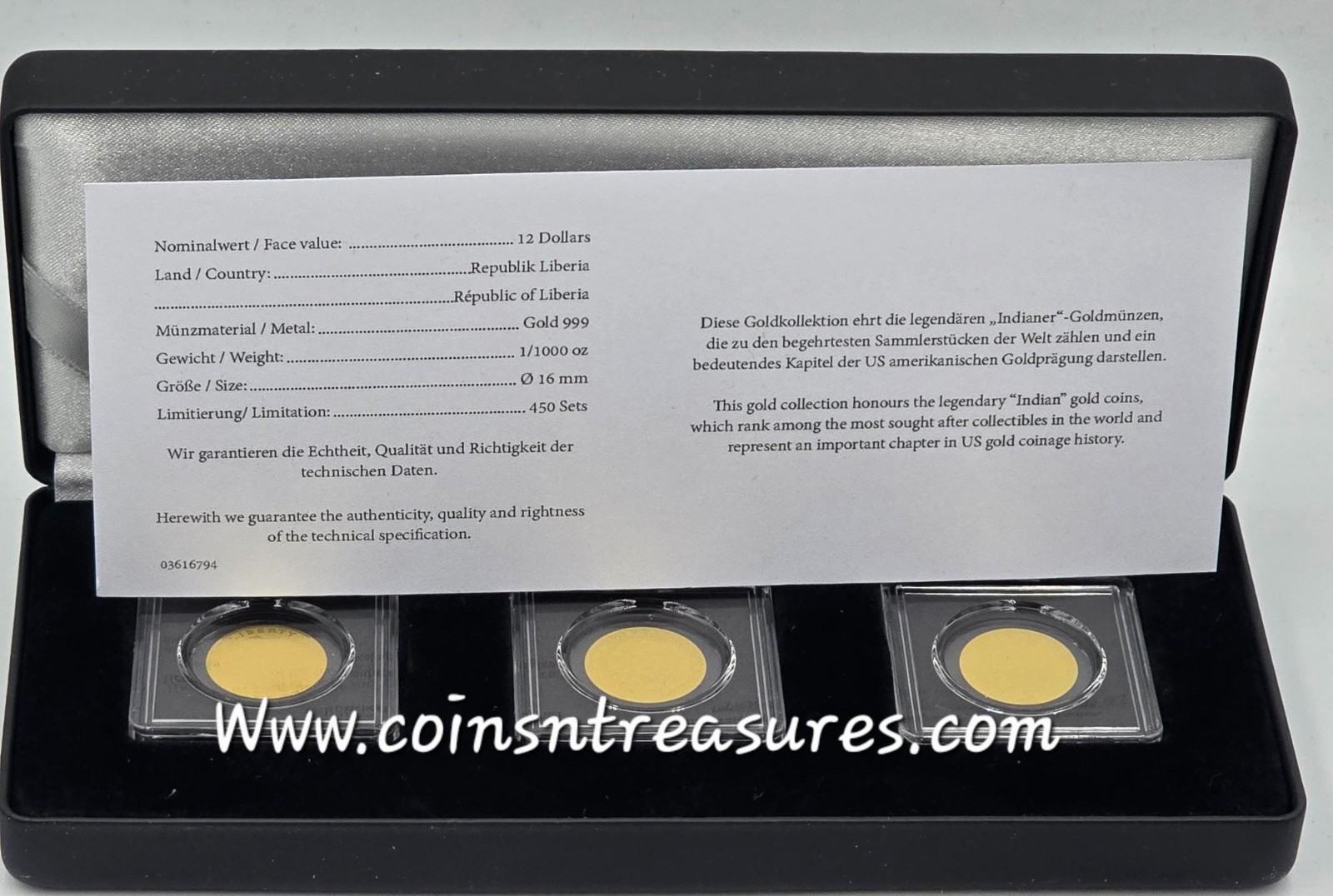 US Indian Chief Gold 3 Coin Set collection 1/1000 Gold .999