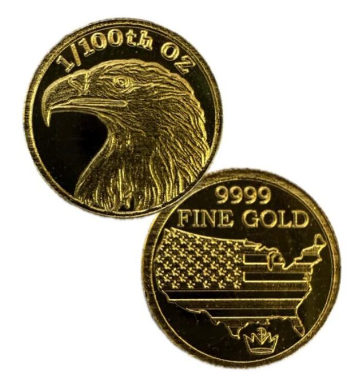 1/100 oz .9999 Fine Gold Round American Eagle & Flag round in Capsule