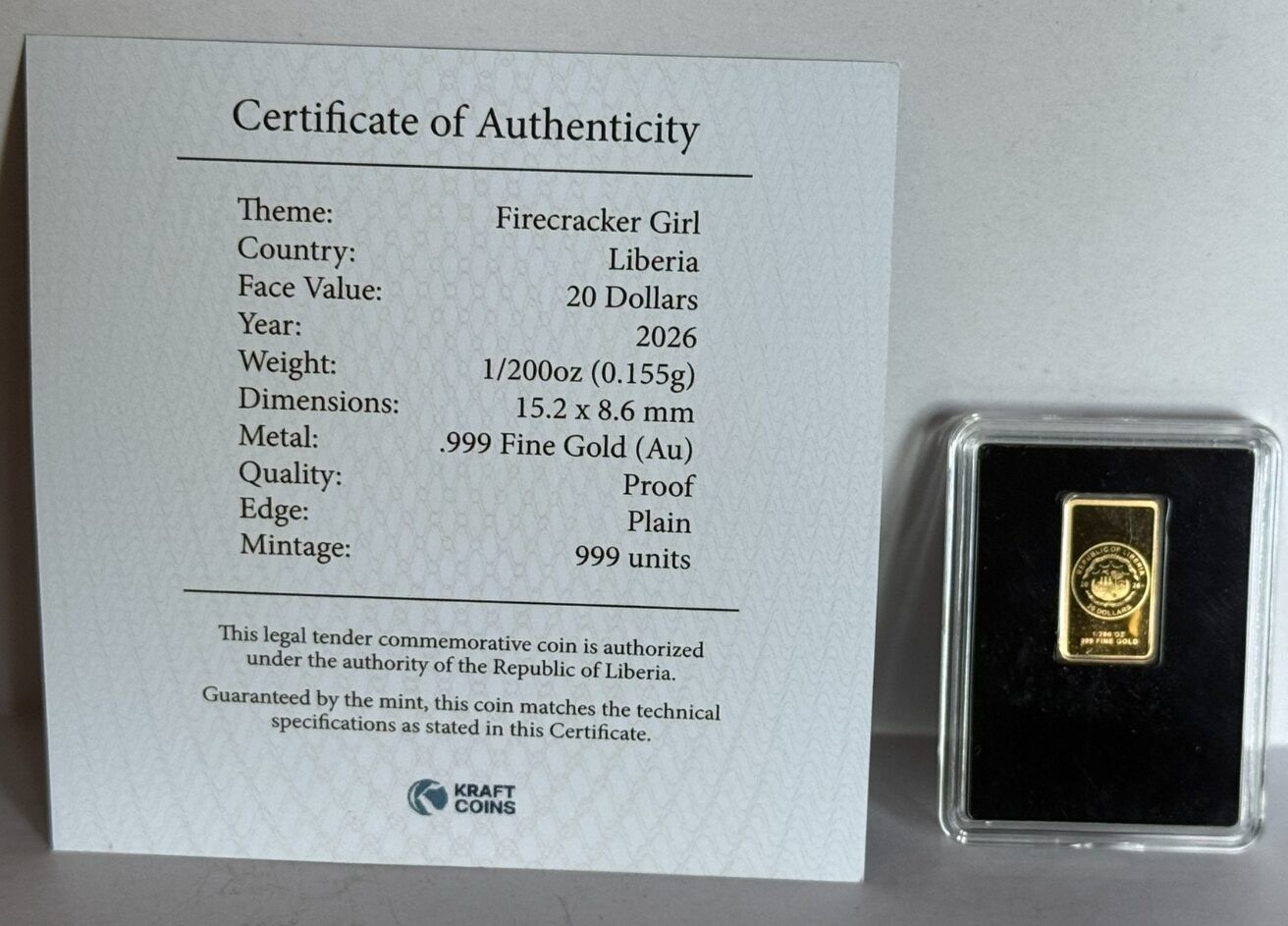2026 Liberia Firecracker Girl 1/200 oz Gold Coin mintage 999