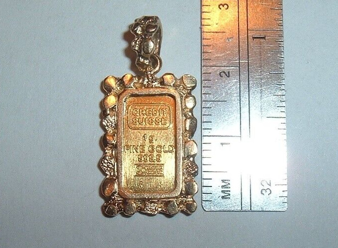 24K GOLD Credit Suisse 999.9 FINE INGOT BAR 14K NUGGET BEZEL PENDANT CHAIN 3.4g