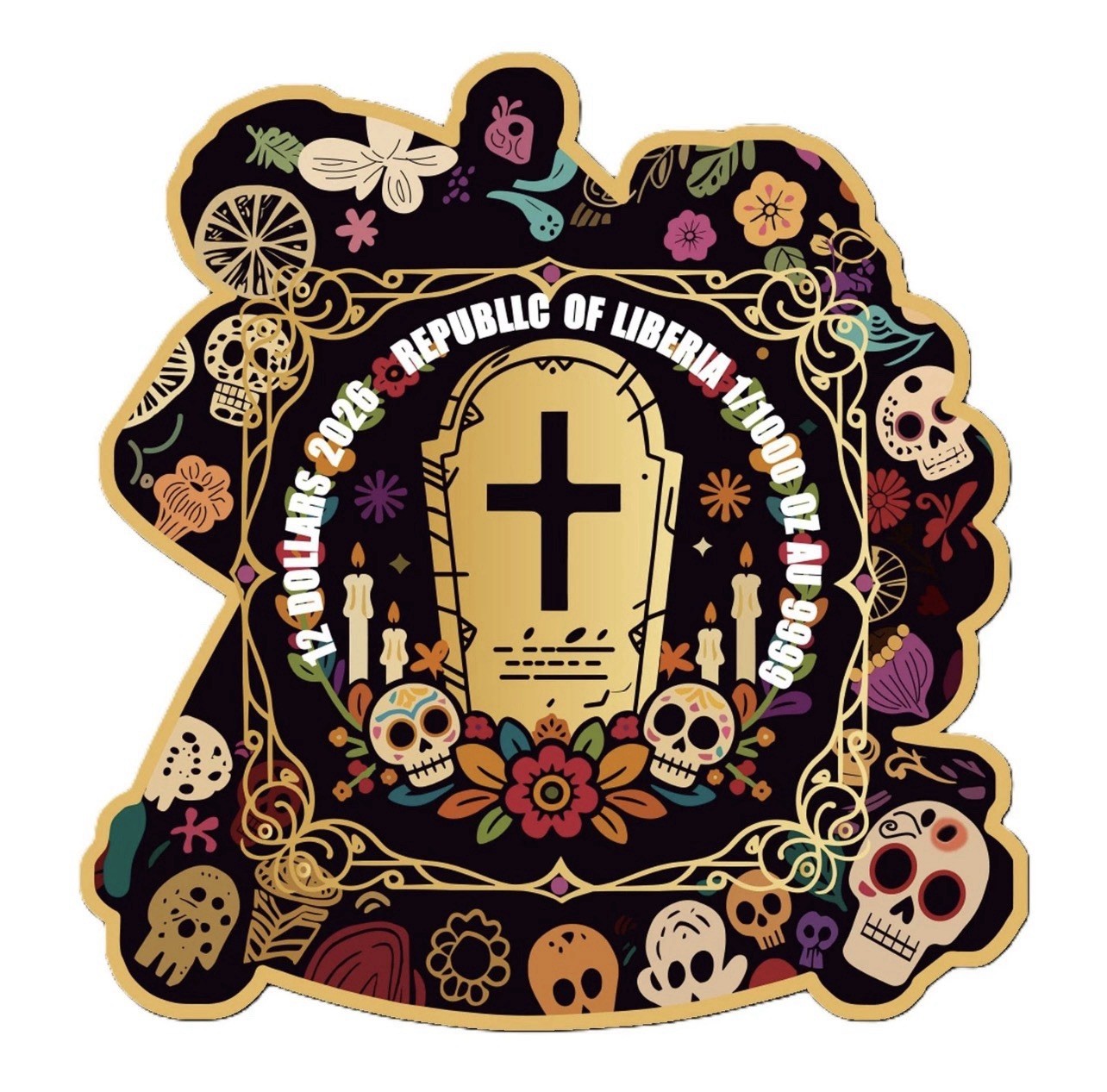 2026 Liberia 1/1000th Gold Carded Dia De Los Muertos Special Shaped with Capsule