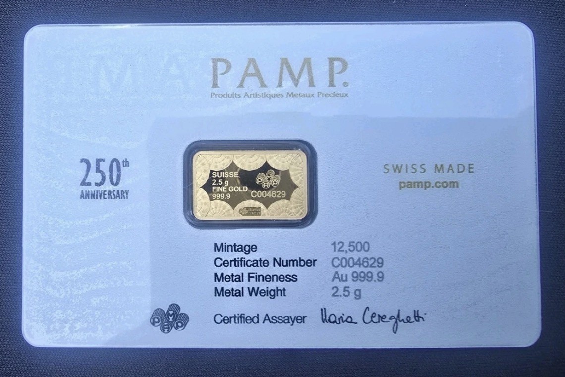 PAMP 2.5g Gold Bar America the Free 250th Anniversary USA Card