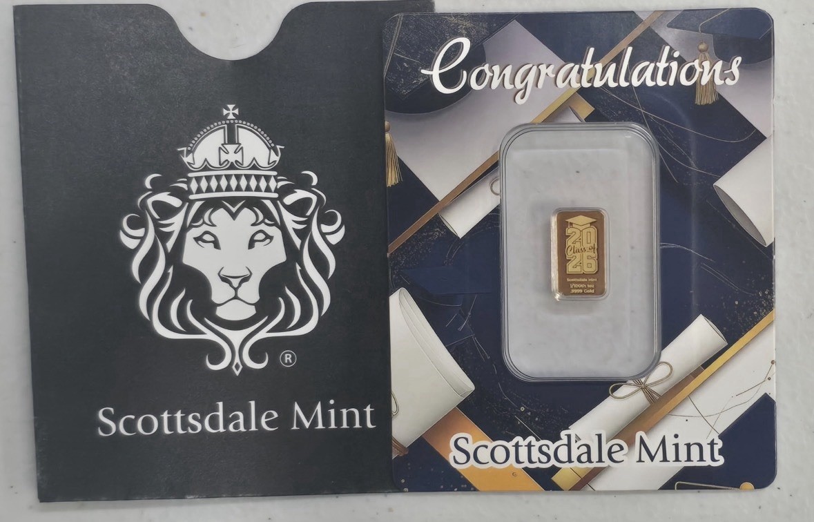 Scottsdale Mint Congrats 2026 Graduation 1/100 oz .9999 Gold Bar Certi-Lock Card