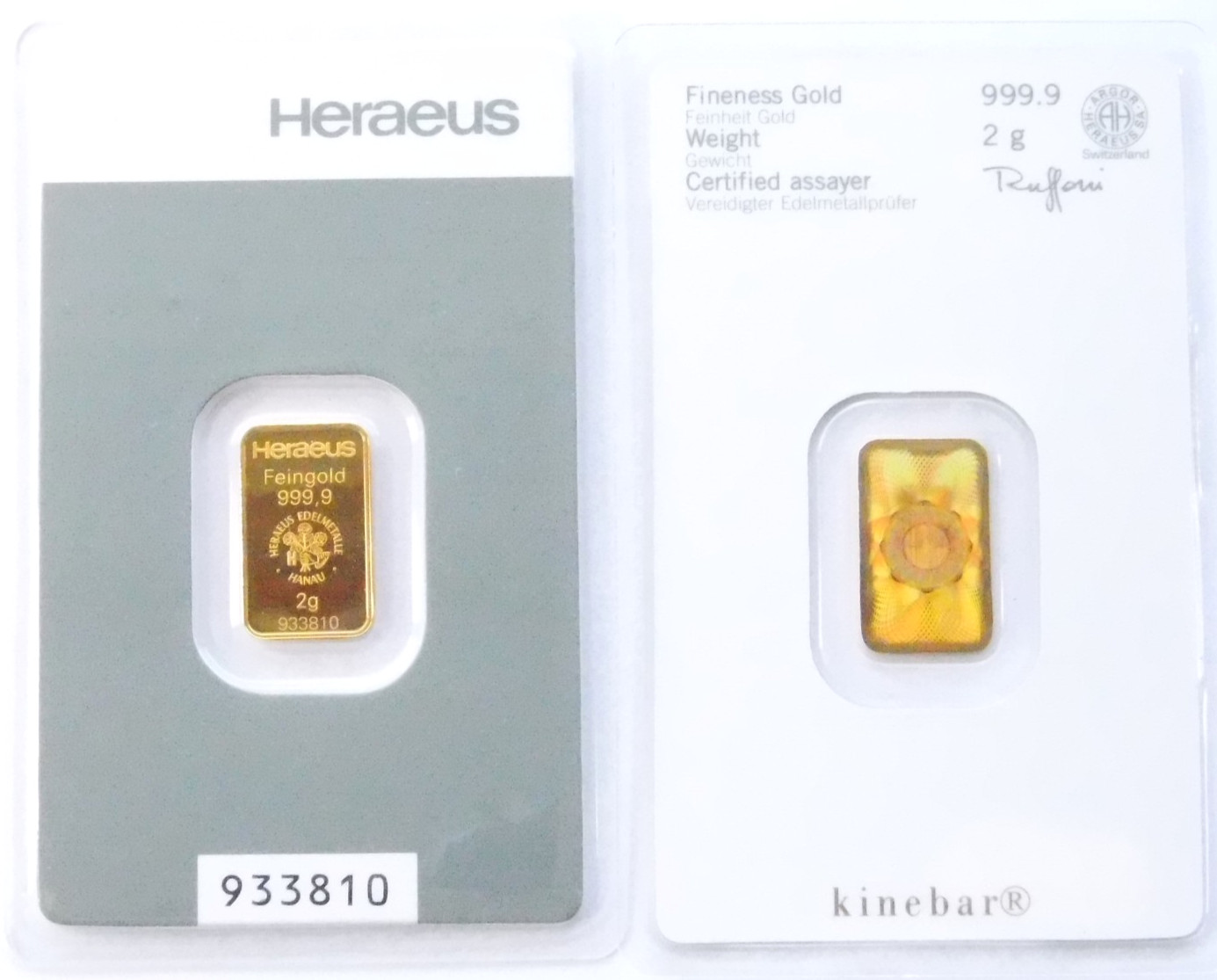 Gold Bar 2 Grams 999.9 Kinebar Heraeus in Blister Card with Certificate New Product