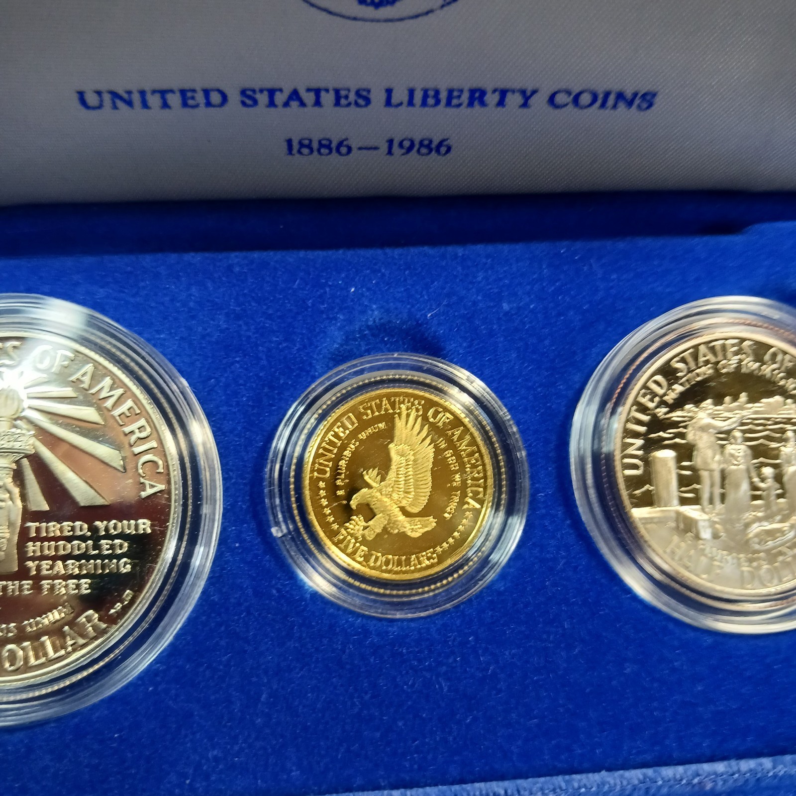 1886-1986 U.S. Liberty 3-Coin Proof Set $5 Gold $1 Silver Half Dollar Box w/COA