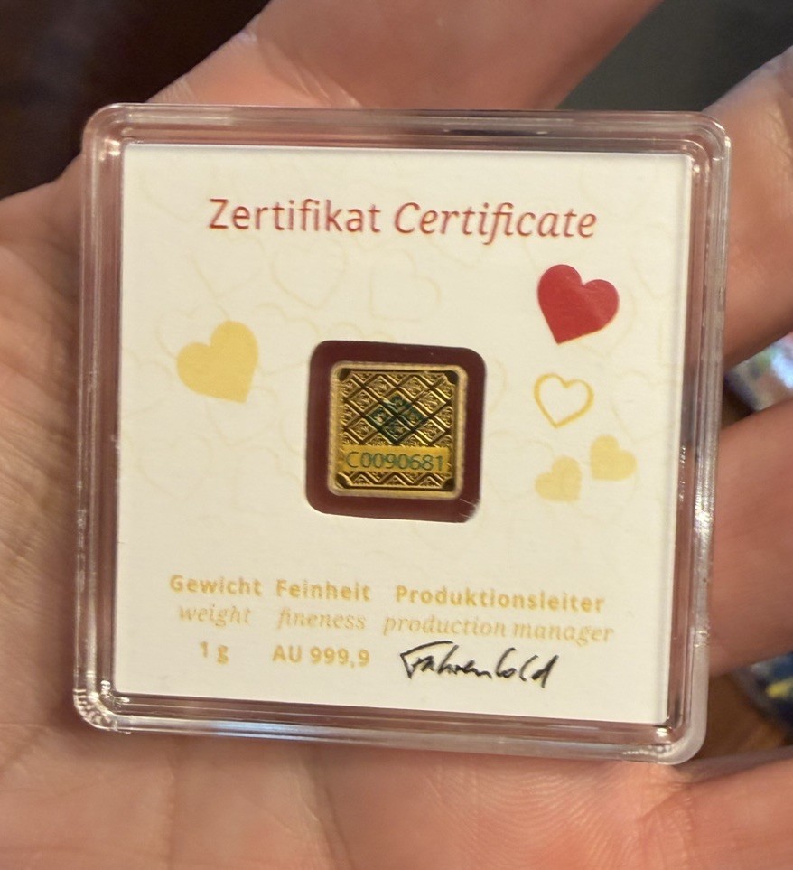 GOLD GEIGER EDELMETALLE VALENTINE 1 GRAM .9999 SQUARE BAR SEALED INGOT IN ASSAY