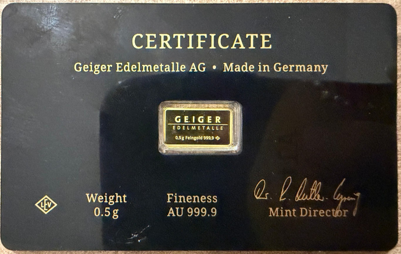 NICE Geiger Gold Bar .5 Gram Schloss Guldengossa Vintage Edition Card .999 Fine