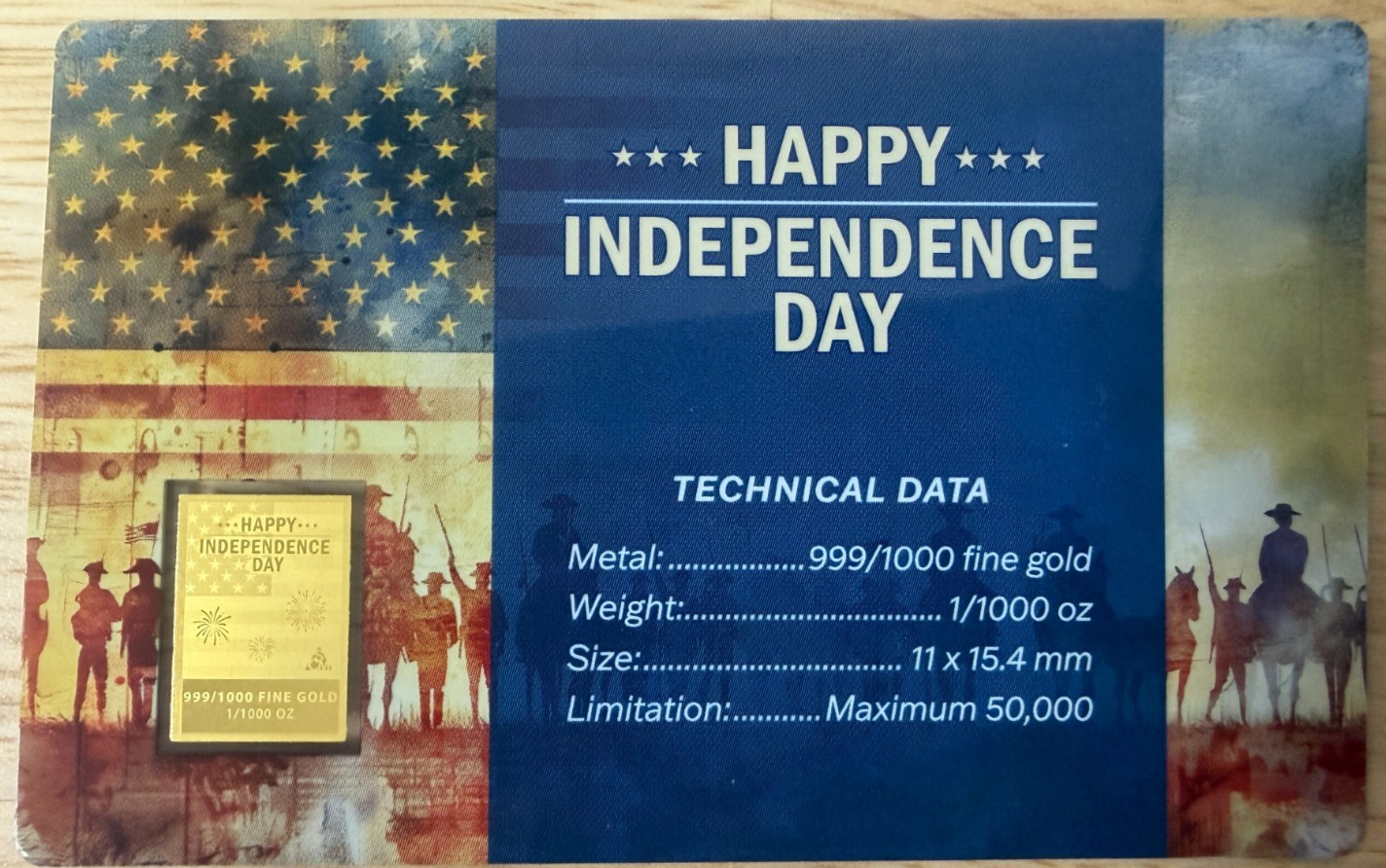 Happy Independence Day 1/1000 oz .999 Fine Gold Bar Card Statue of Liberty
