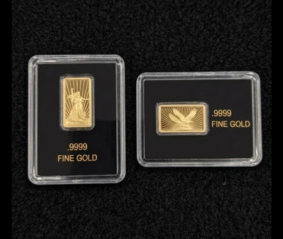 Lot 2 Gold Bar Set America the Free .9999 Fine Lady Liberty Bald Eagle In Assay