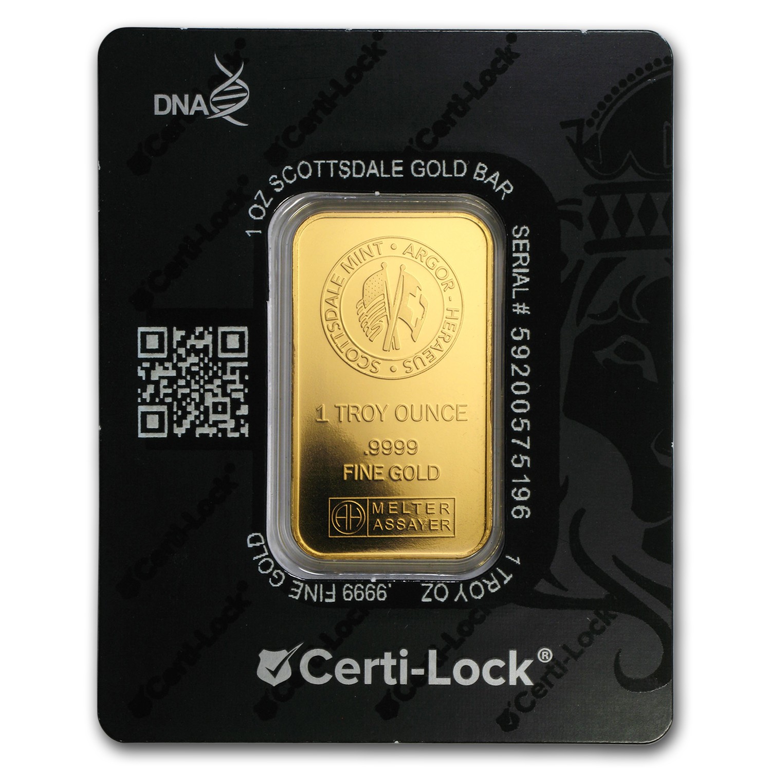 1 oz Gold Bar – Scottsdale Mint Certi-Lock® (Lion, Black Assay)