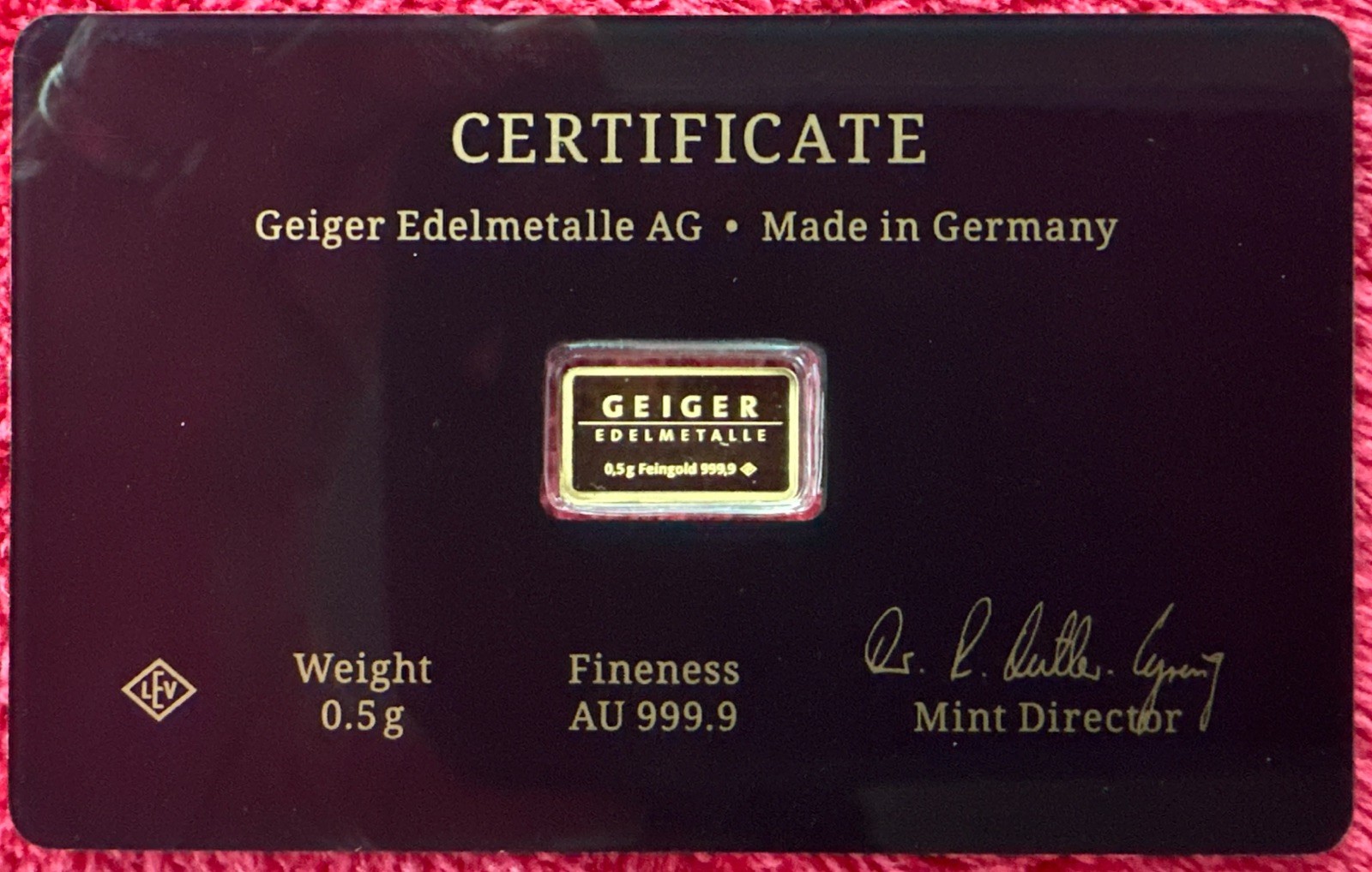 Geiger Edelmetalle AG 0.5g .9999 Gold Bar Assay Card Certificate Schloss