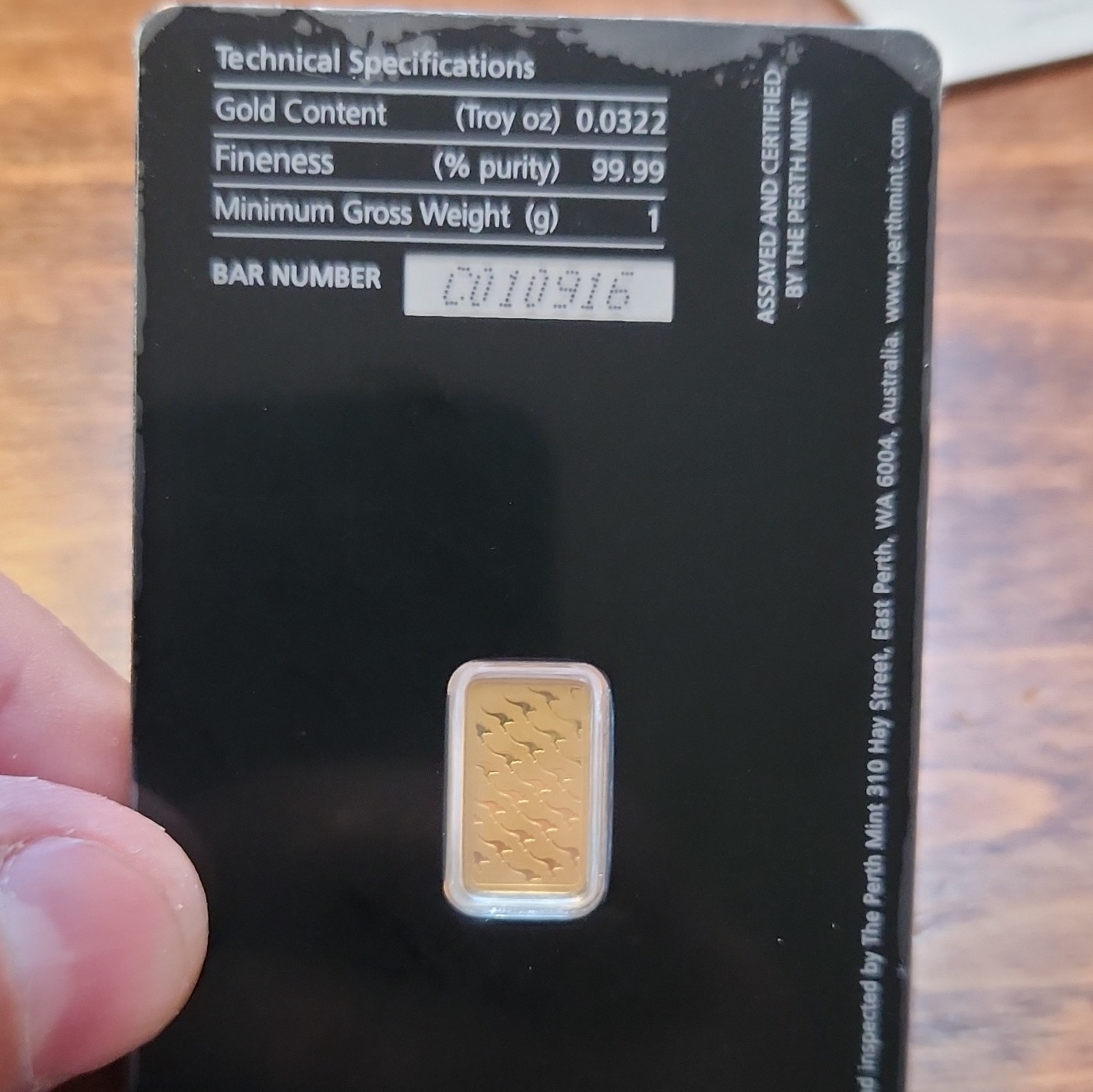 The Perth Mint 1g Gold Bar in Tamper-Evident Assay Card 1g Gold Content