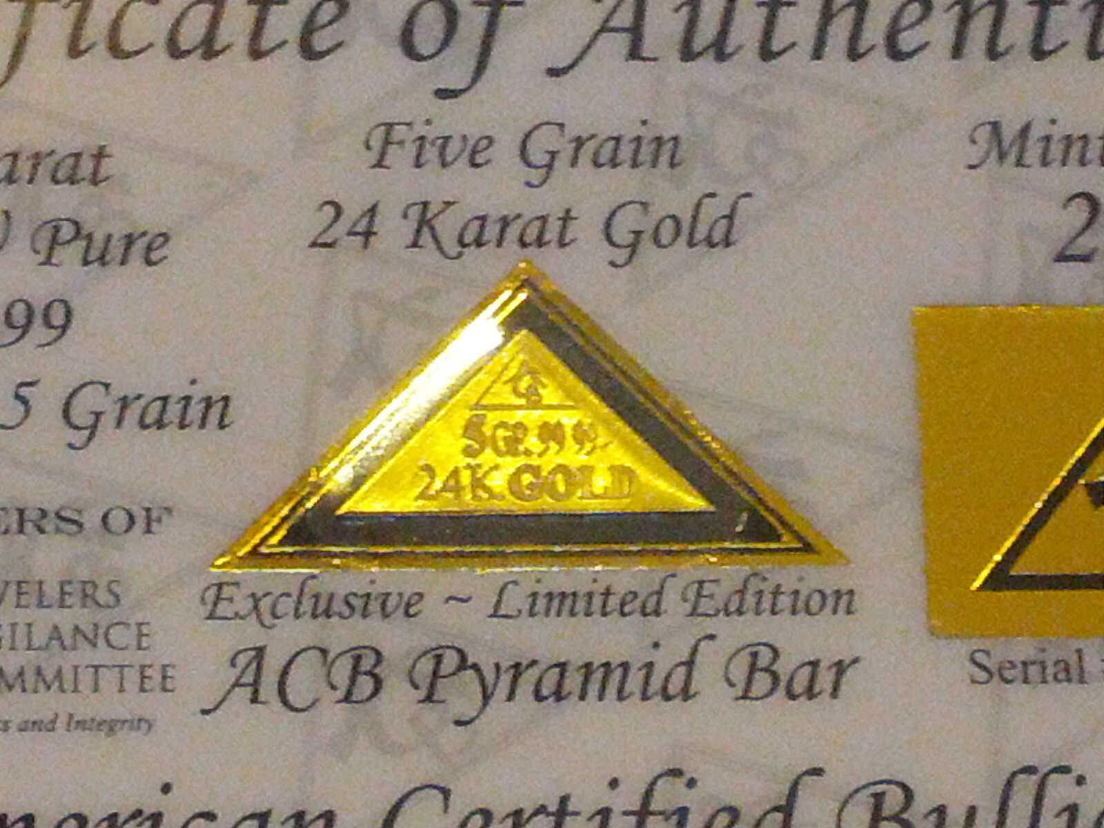 GOLD ACB PYRAMID 5GRAIN 24K SOLID BULLION ~ BAR 9999 FINE With COA
