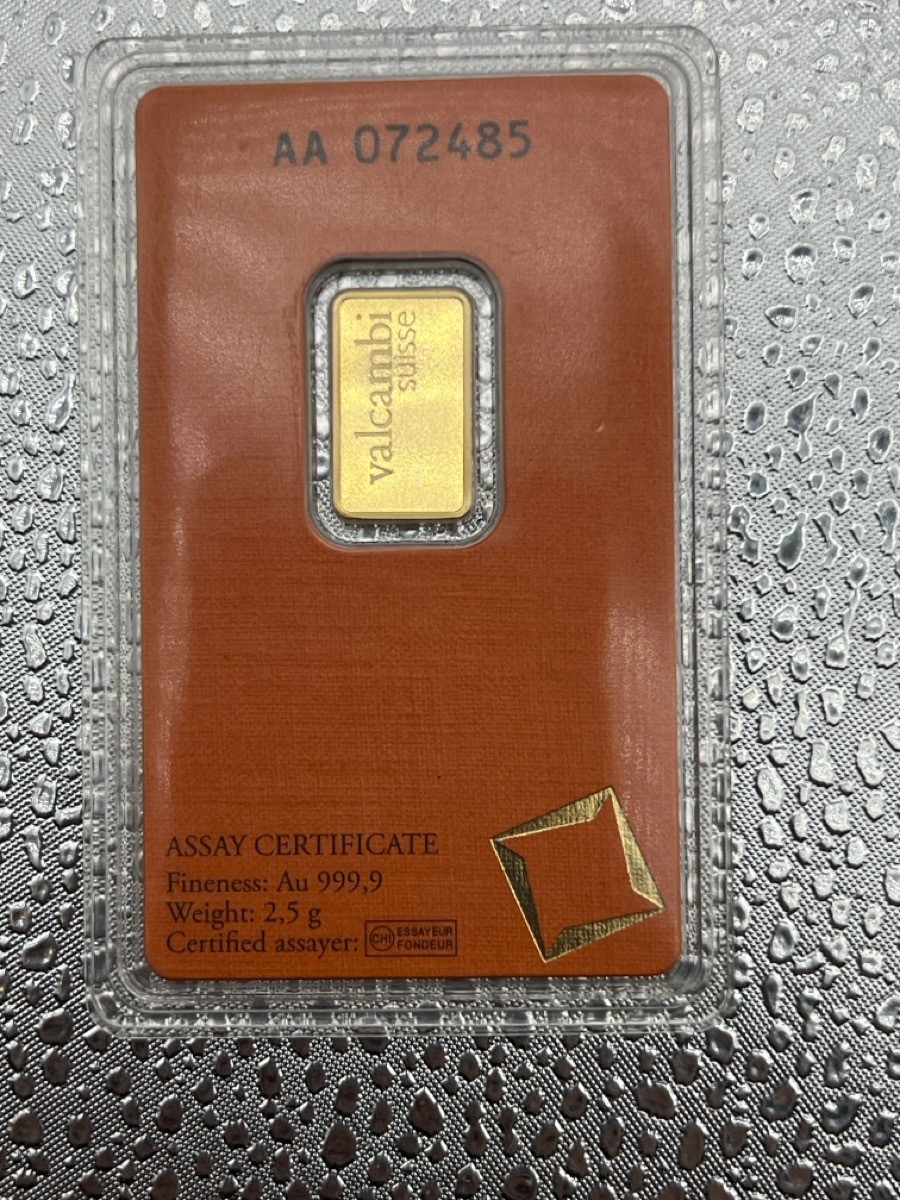 Valcambi Suisse 2.5 Gram 999.99 Fine Gold Bar in Assay Card (TDW045175)