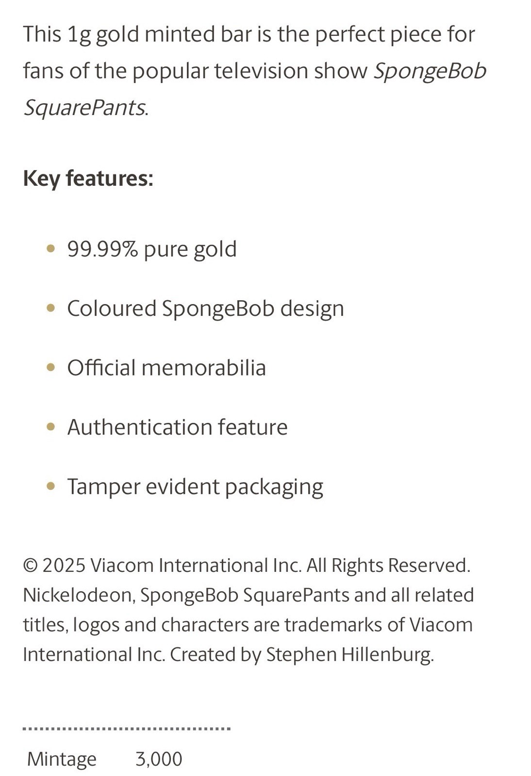 2025 SPONGEBOB SQUAREPANTS 1g 1 gram Gold Colorized Bar Perth Mint Mintage 3000