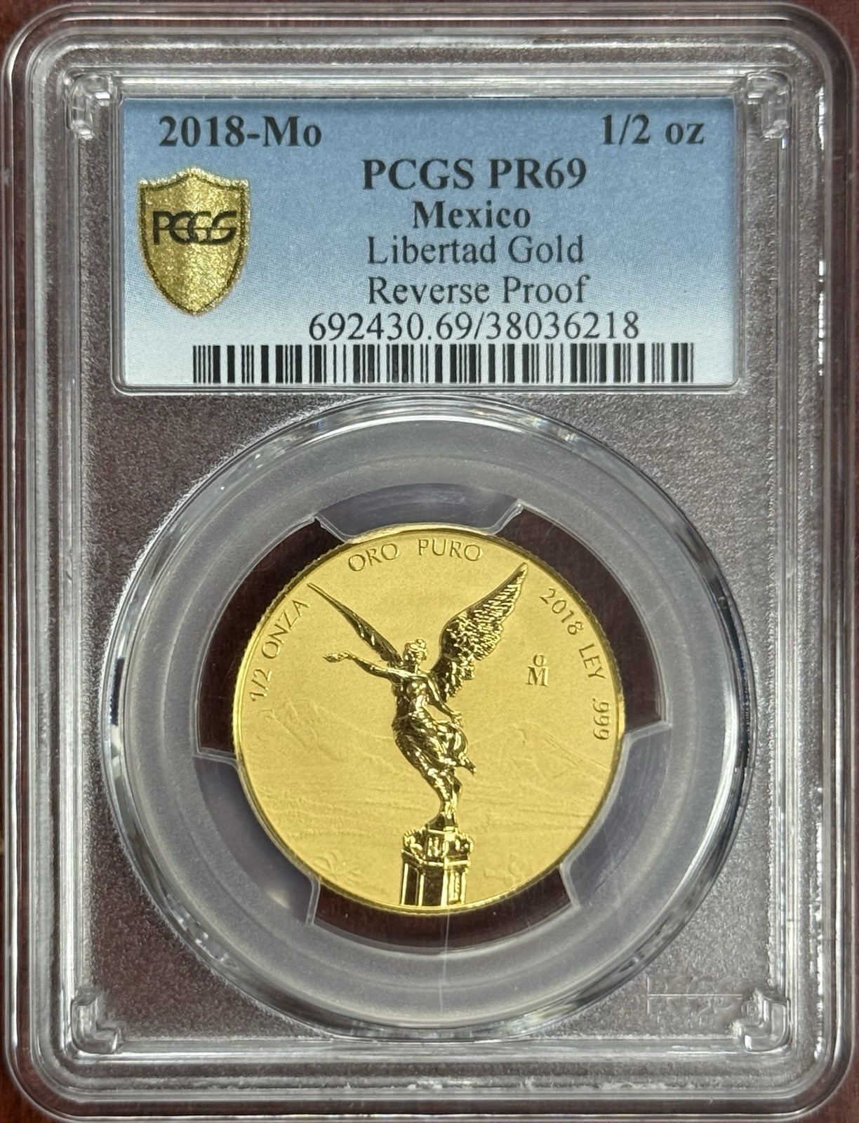 Libertad Mexico-Mo 2018 1/2 OZ Reverse Proof .999 Gold PCGS PR69 GEM Low Mintage